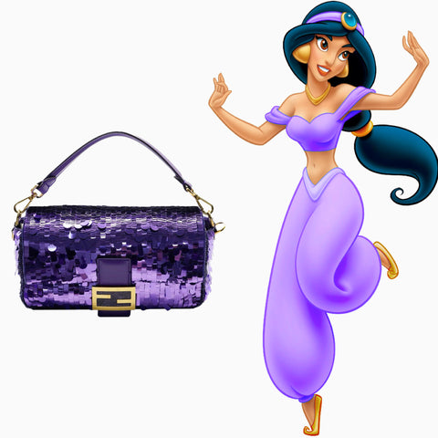 sex and the city fendi baguette with purple sequins, compared to Princess Jasmin from Aladdin, both purple color