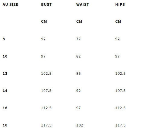 Orientique Size Chart