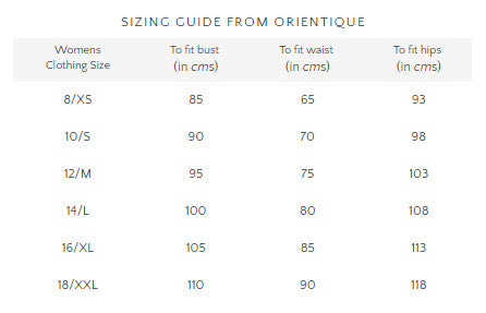 Orientique Size Chart