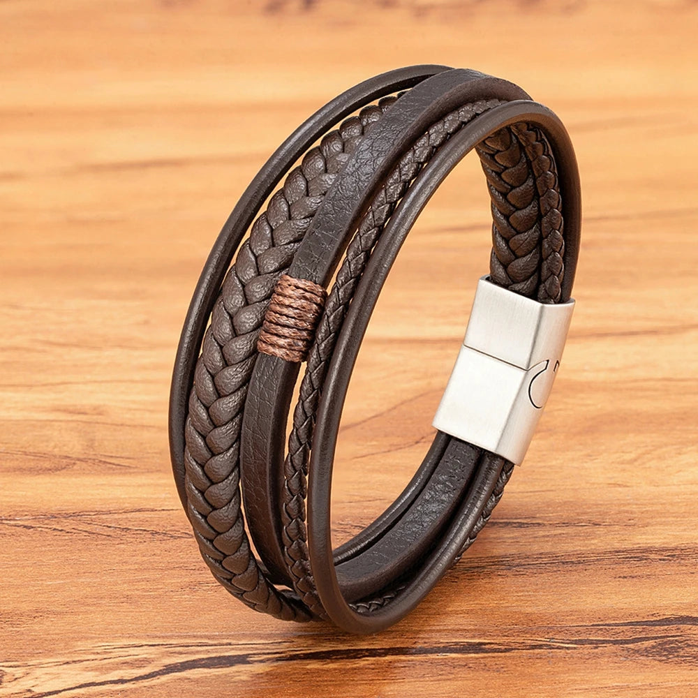 Hand Woven Leather Bracelet Multilayer Mens Bangles
