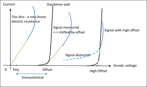 A graph that shows when the offset is high enough, the measured signal, shifted by this offset, will cross the oxidative wall and interact with it.