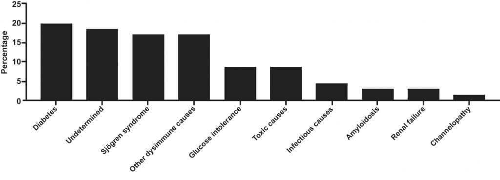 Prevalence of possible cause in patients with definite Small Fiber Neuropathy for whom aetiological investigations were documented.