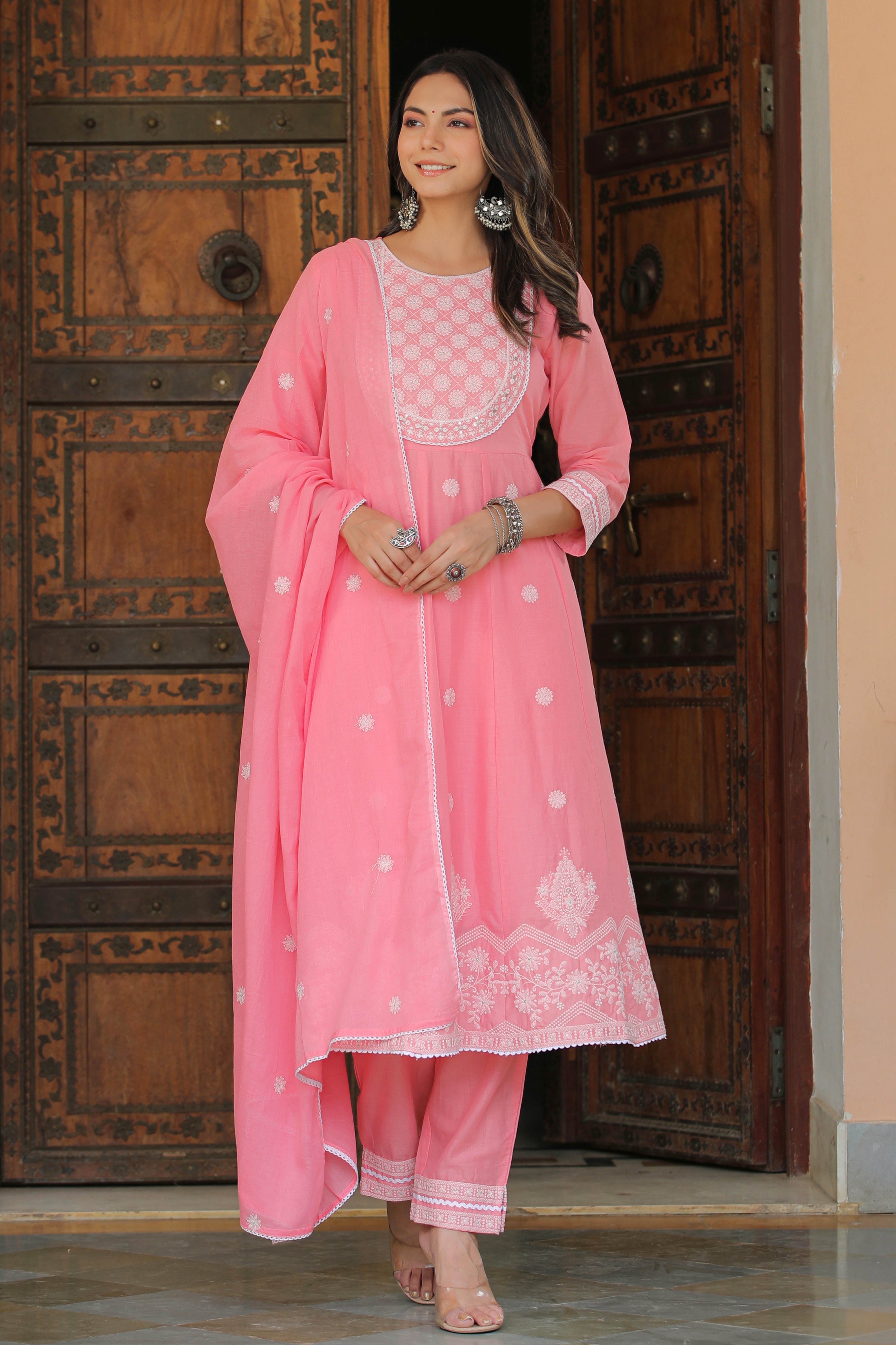 Buy online Pink Cotton Aline Semistitched Suit from Suits & Dress material  for Women by Multi Retail for ₹1300 at 55% off