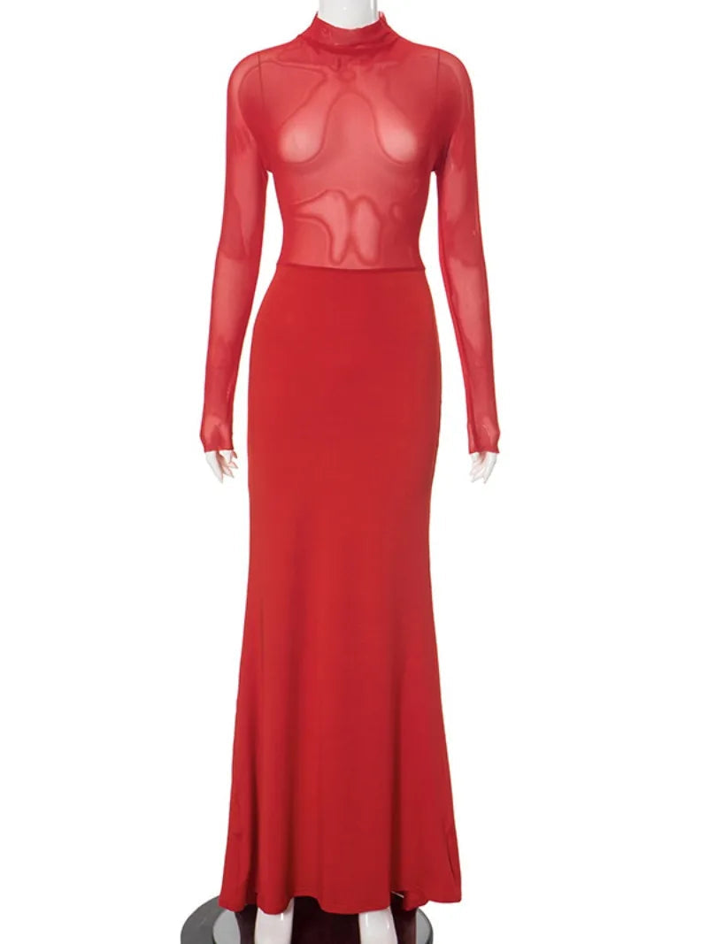 Elegant Red Mesh Patchwork Maxi Dress for Fall Parties - Image 6