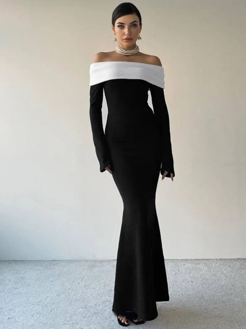 Contrast Color Off-Shoulder Long Dress for Women - Image 5