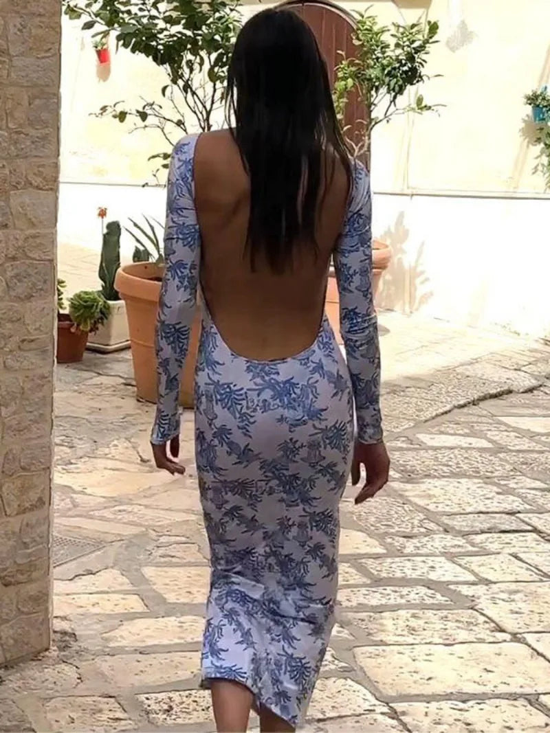 Casual Retro Blue Floral Backless Long Sleeve Dress - Image 4