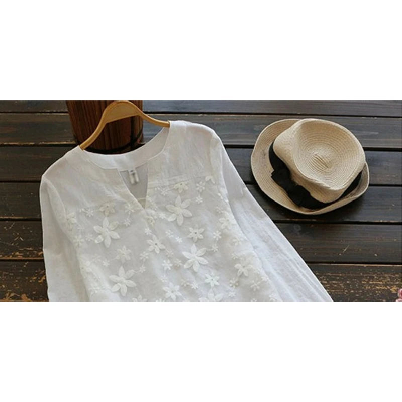 Elegant Women's White Lace Long Sleeve V-Neck Blouse - Image 8
