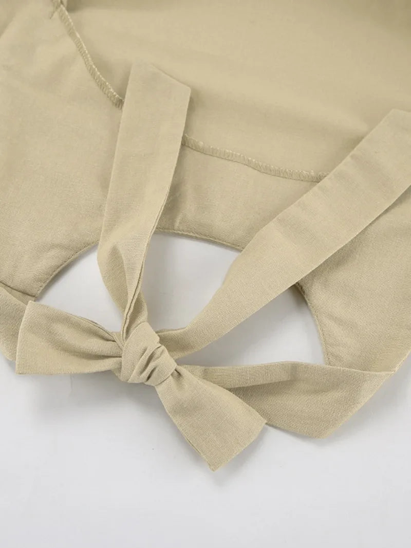 Chic Khaki Cotton Halter Neck Sleeveless Dress for Women - Image 7