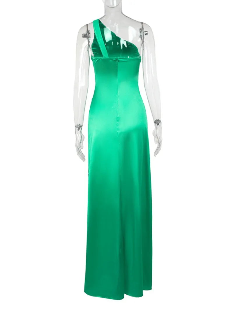 Elegant One-Shoulder Green Satin Maxi Evening Dress - Image 6
