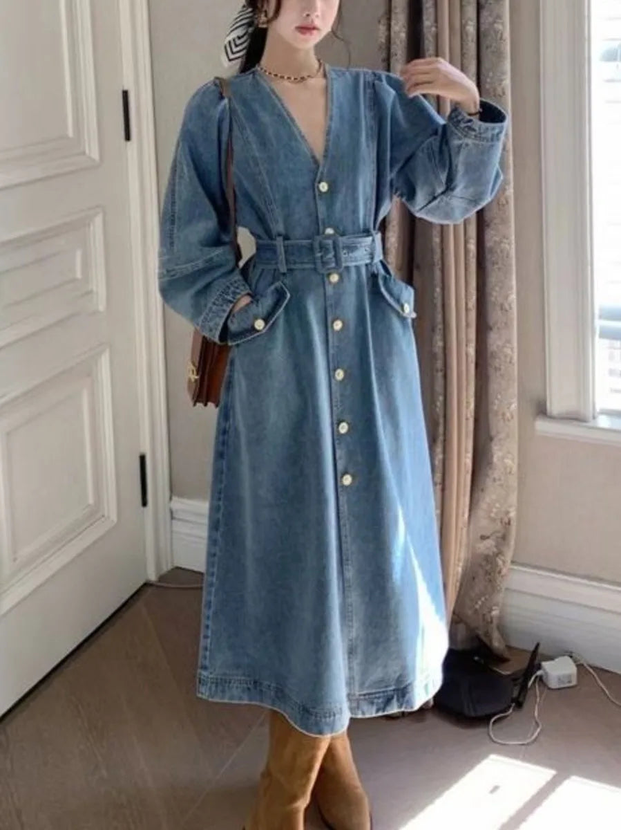 Women's V-Neck A-Line Denim Dress - Casual & Stylish - Image 3
