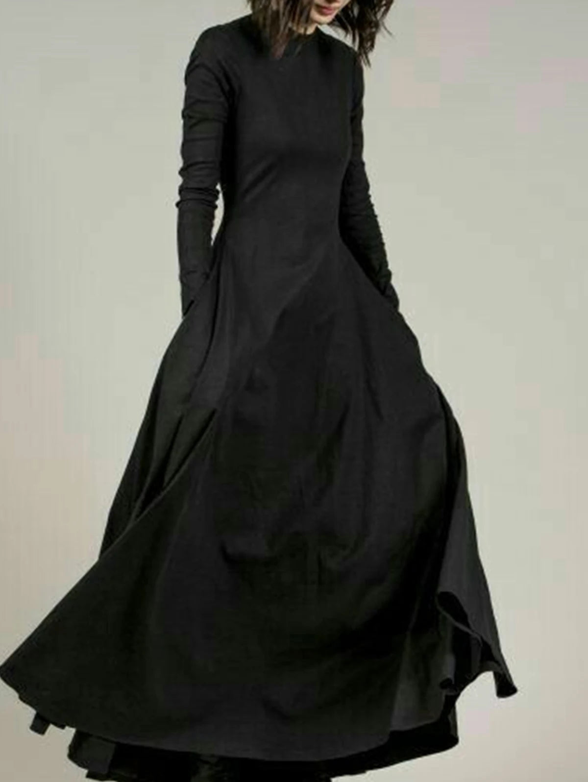 Elegant Black Midi Dress with High Waist and Long Sleeves - Image 4