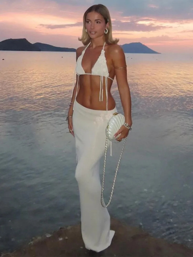 Elegant Halter Neck Two-Piece Lace-Up Dress Set - Image 4