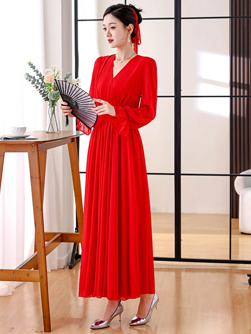 Elegant Red Chiffon Maxi Dress for Summer & Autumn Events - Image 3