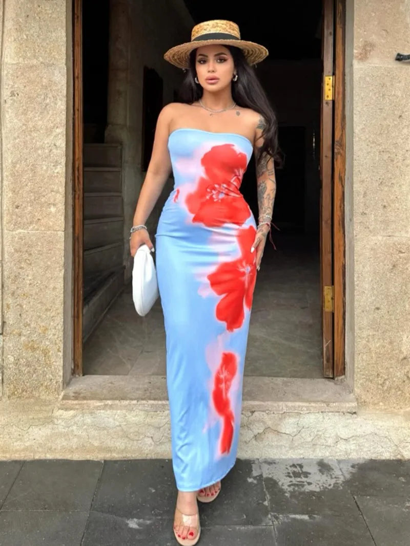 Floral Print Strapless Blue Bodycon Dress for Parties - Image 4