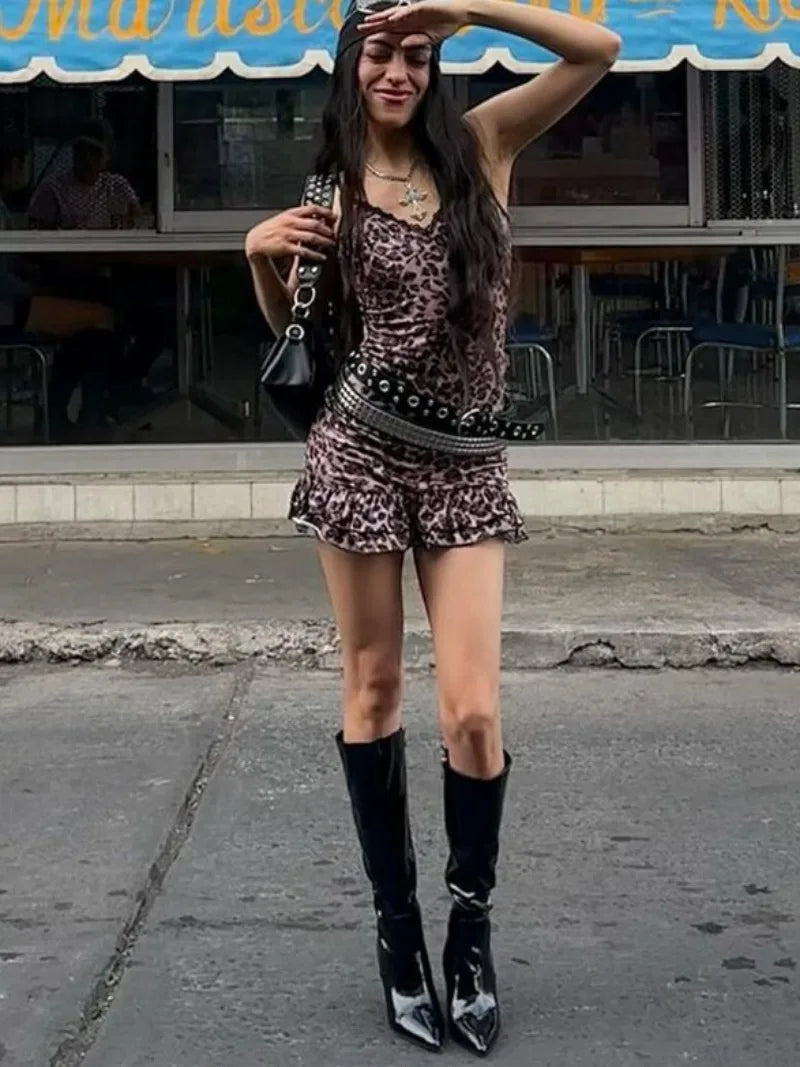 V-Neck Lace Patchwork Leopard Mini Dress for Summer - Image 5