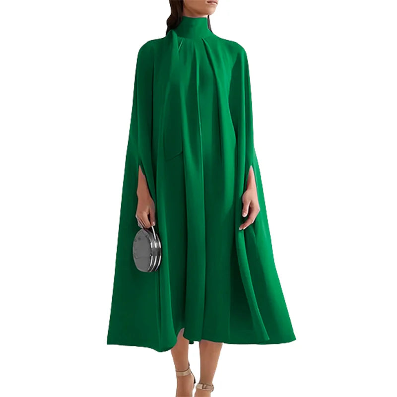 Elegant Autumn Midi Dress with Batwing Sleeves and Lace-Up - Image 4