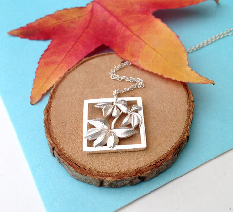 Sterling silver autumn leaf square frame necklace