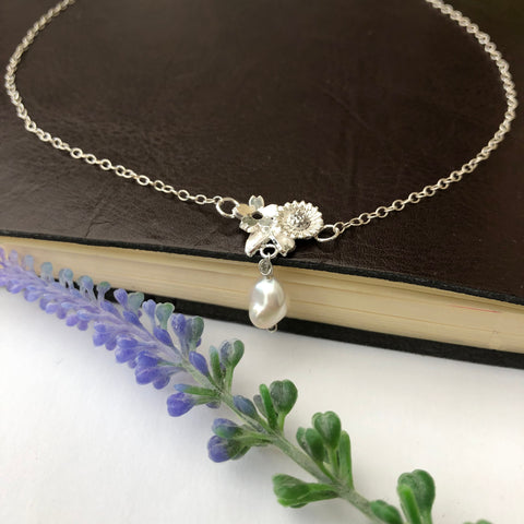 sterling silver flower and pearl necklace