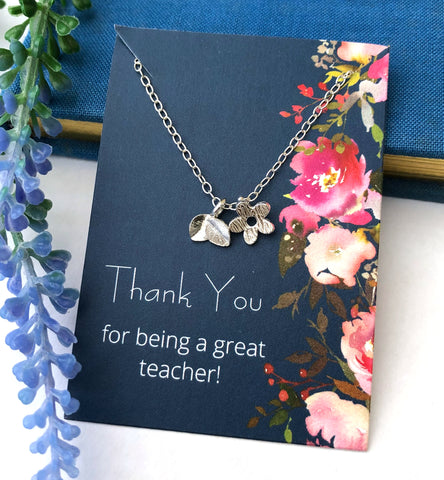 sterling silver flower and leaf necklace with thank you teacher gift card
