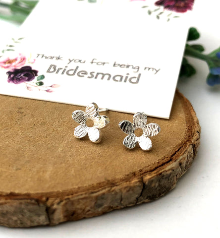 sterling silver textured flower earrings with thank you bridesmaid gift card