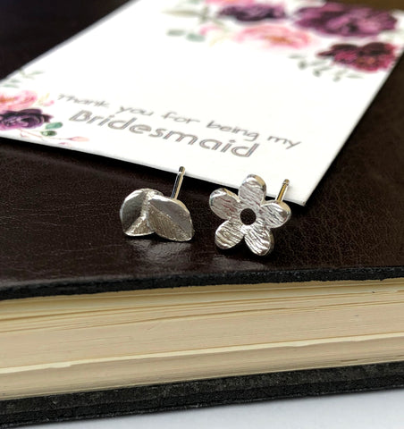 sterling silver mismatched flower and leaf earrings with thank you bridesmaid gift card