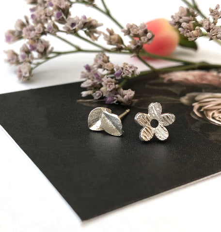 sterling silver mismatched flower and leaf earrings