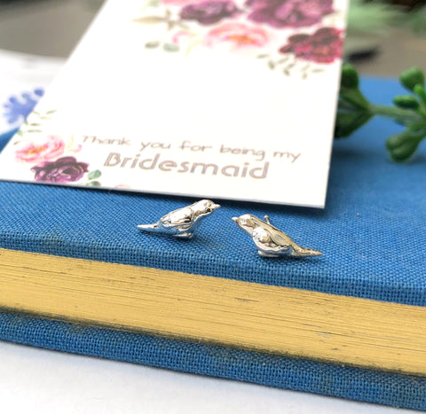 sterling silver mini robin bird earrings with thank you for being my bridesmaid gift card