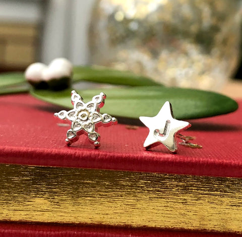 sterling silver mismatched snowflake initial star earrings