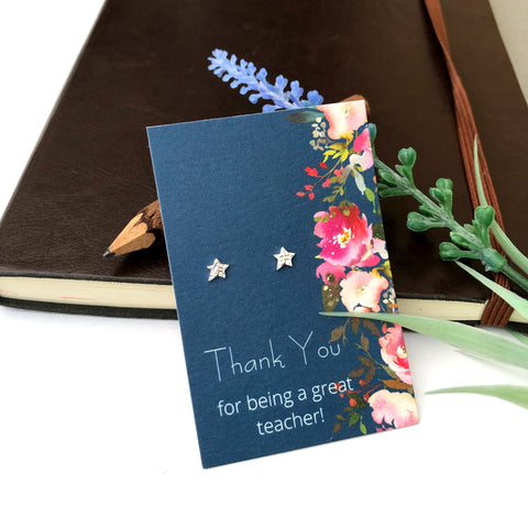 sterling silver mini star earrings with thank you teacher card