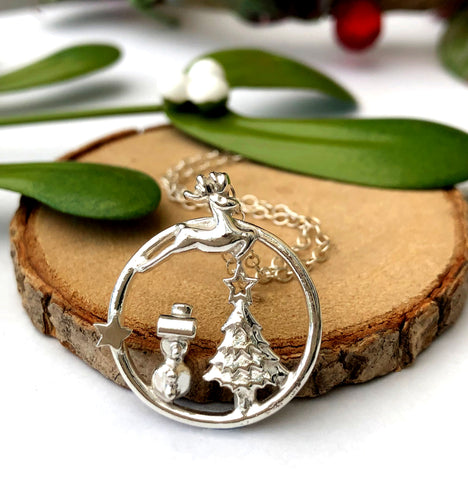 sterling silver snowman, christmas tree and reindeer necklace