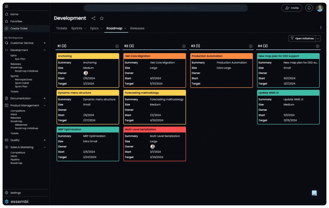 Essembi's new navigation menu for developers and product managers to power their agile workflows