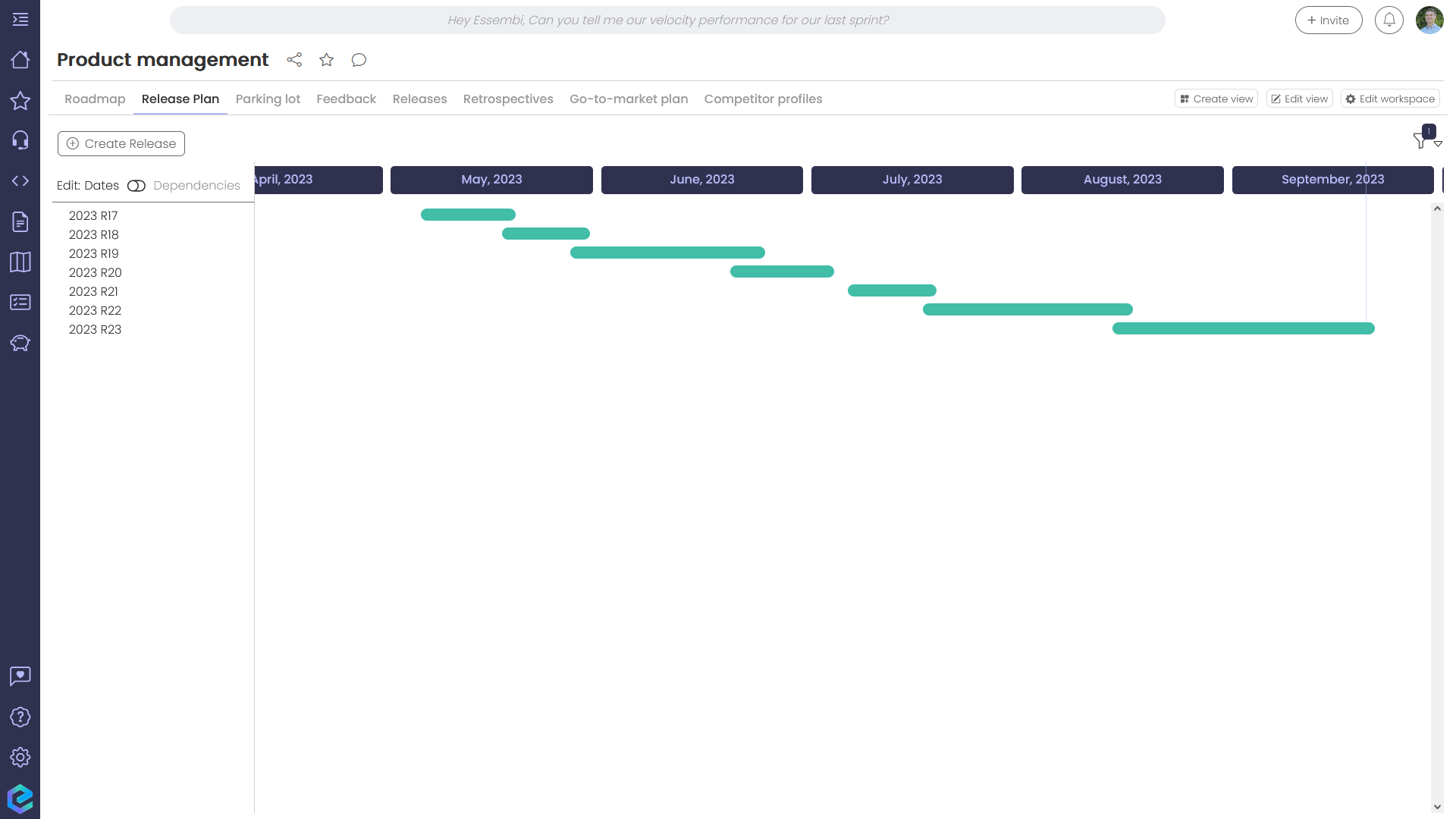 Manage release timelines in Essembi