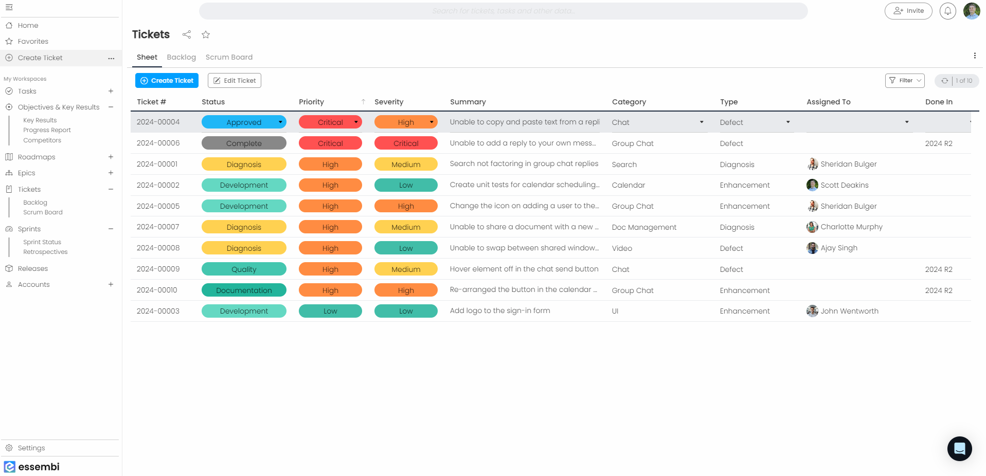 Essembi product roadmap, sprint plan with release milestones and development backlog including epics