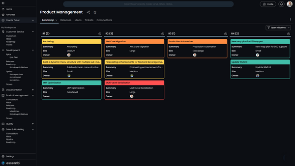 Essembi's new menu structure for developers and product managers to power their software innovation cycle