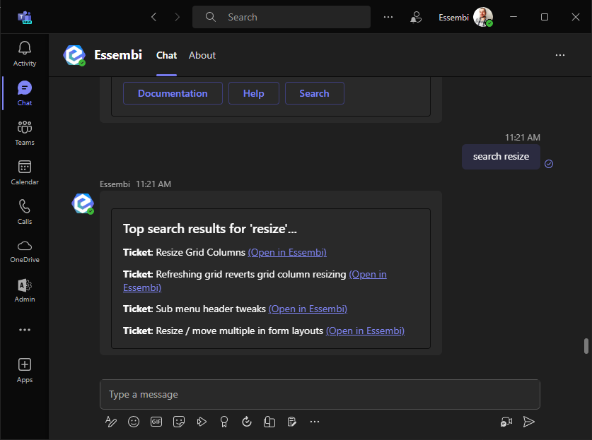 Search for agile work items in Essembi from Microsoft Teams