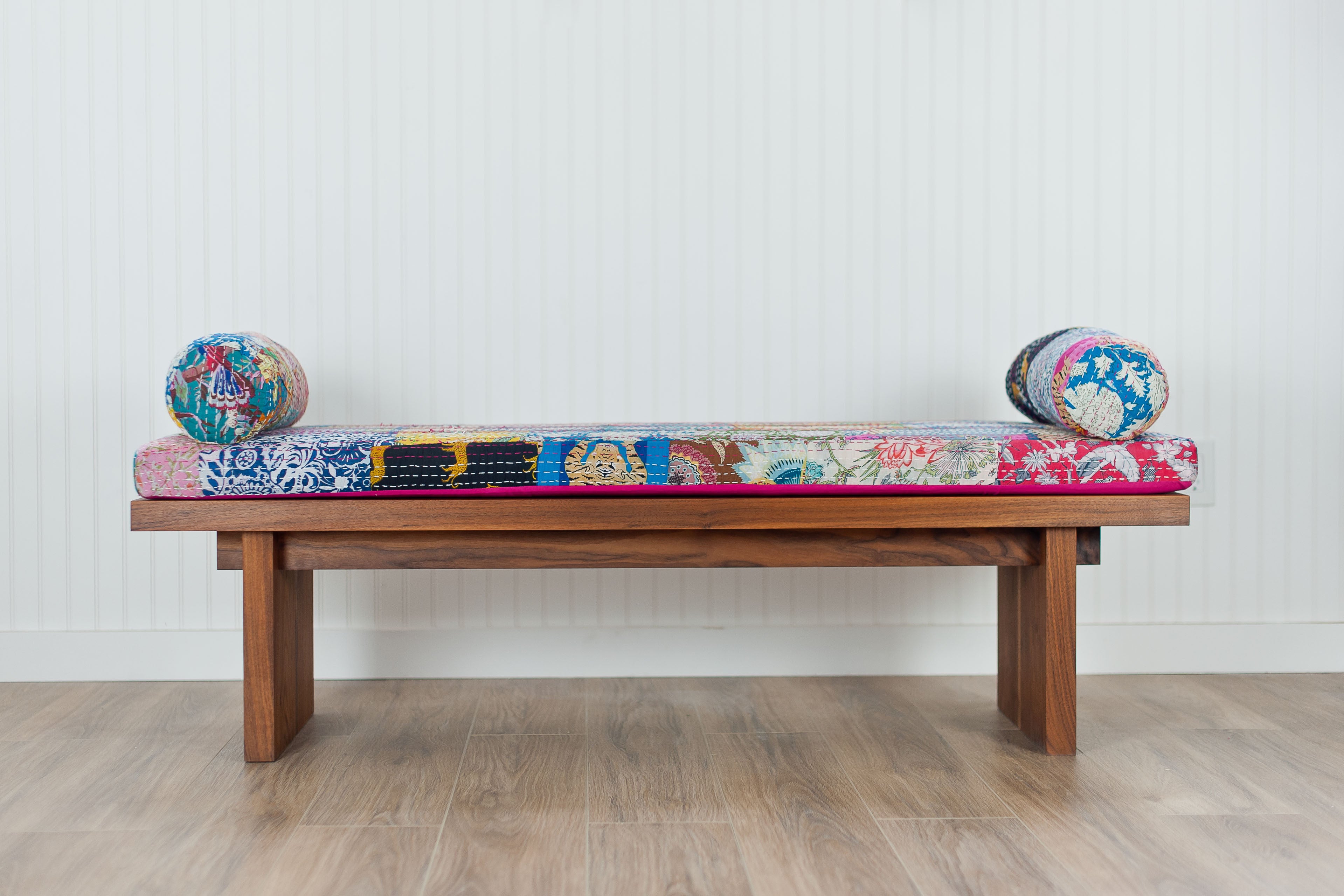Blue City Bench #2 (Walnut with Multi-Patchwork Cushion and Bolsters)
