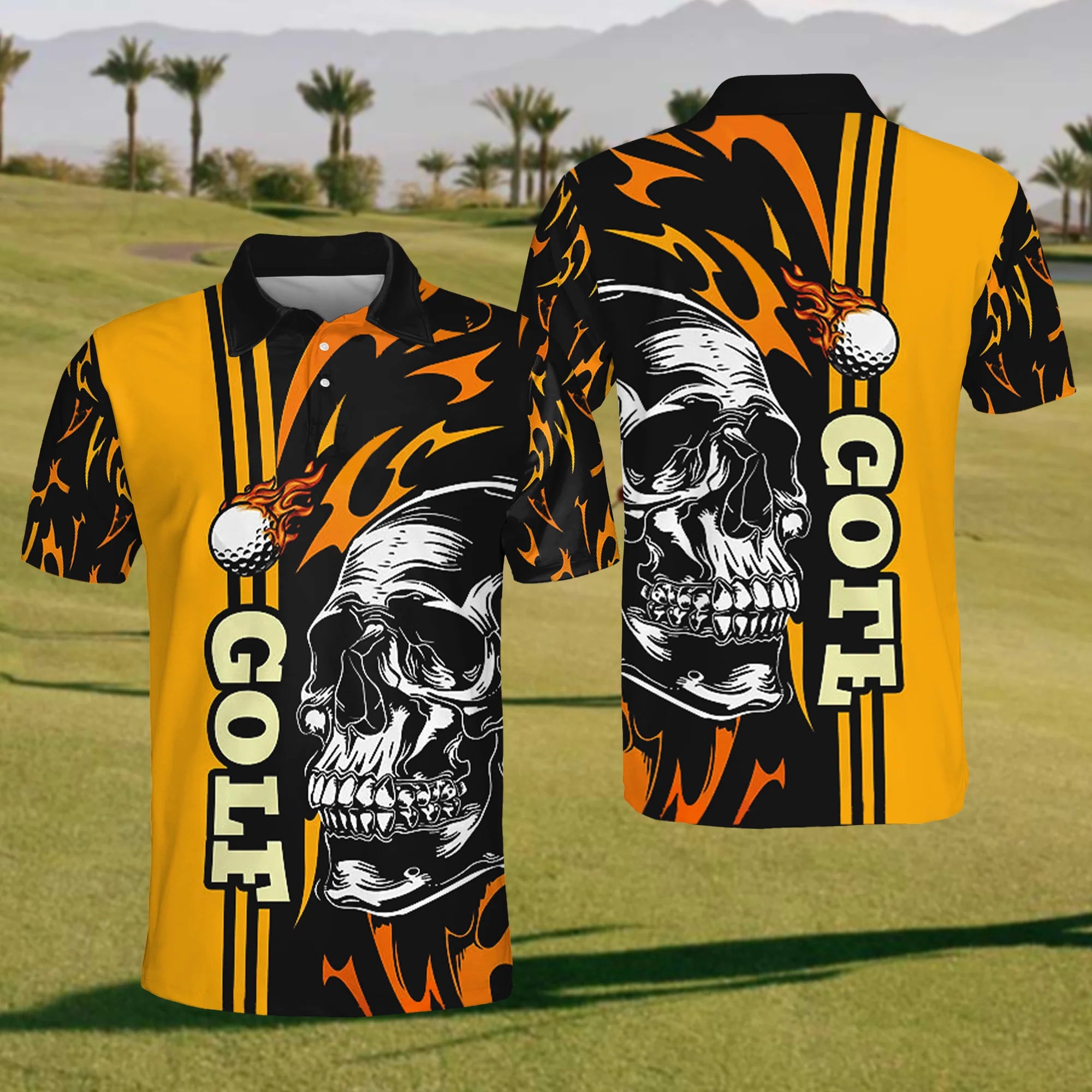 Skull On Fire Mens Golf Polo Shirt, Mens Golf Gift, Golf Lover Gift
