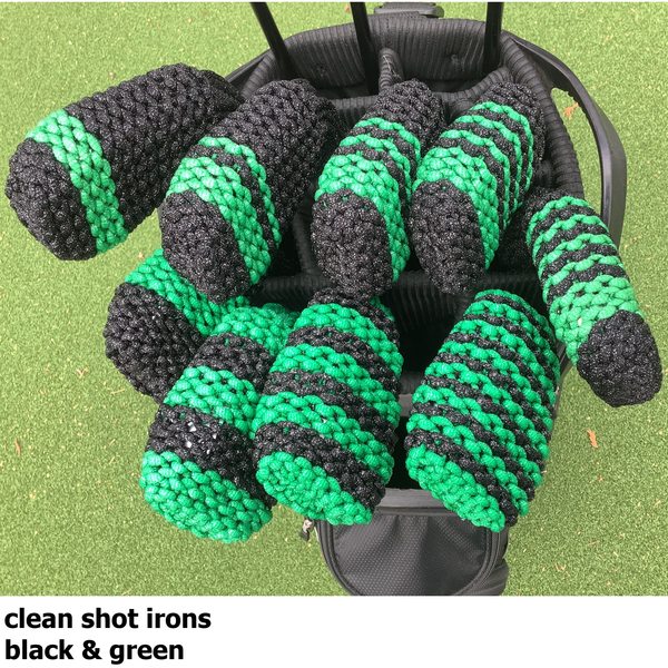 Clean Shot™ golf club iron or wedge headcovers in black and green. Shown on 5-9 irons and wedges.