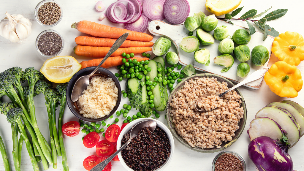 Display of color vegetables and grains.