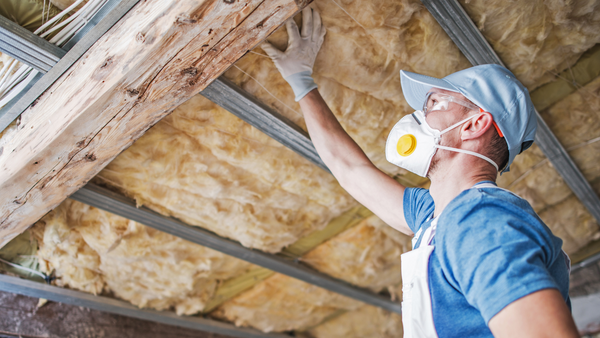 Man wearing mask inspecting roof insulation during construction