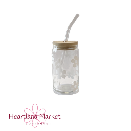 Iridescent 16oz Glass Can with Wooden Lid and Pink Glass Straw - YOUR  CHOICE OF DESIGN