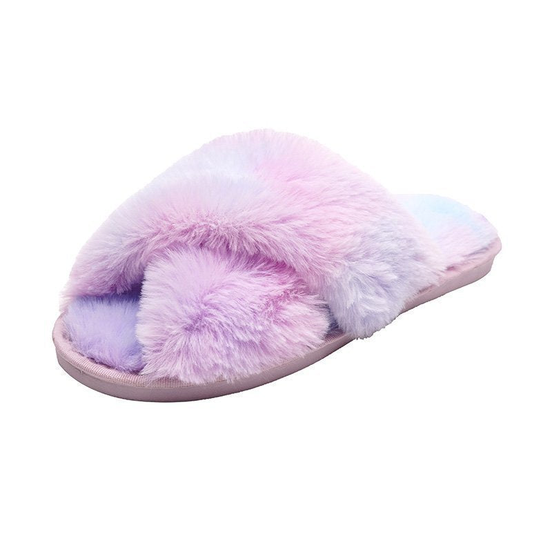 Women Winter Fluffy Slippers Flat Shoes Warm Multicolored Faux Fur Indoor Slippers Cross Plush Open Toe Female Slippers