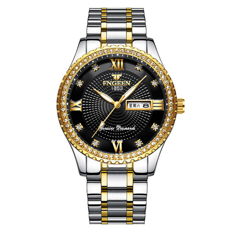 Man watch Male Noble Gold Non-mechanical Wristwatch Steel Luminous Waterproof Date Week Analog Display Gold Men Watch