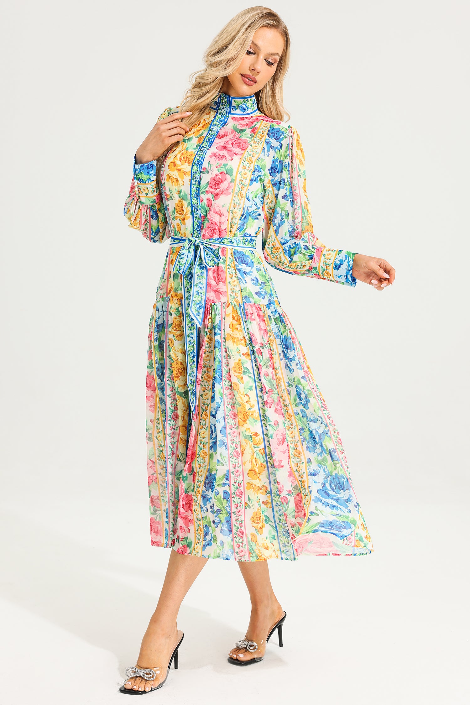 Floral Stand Collar Maxi Dress With Belt - Image 2