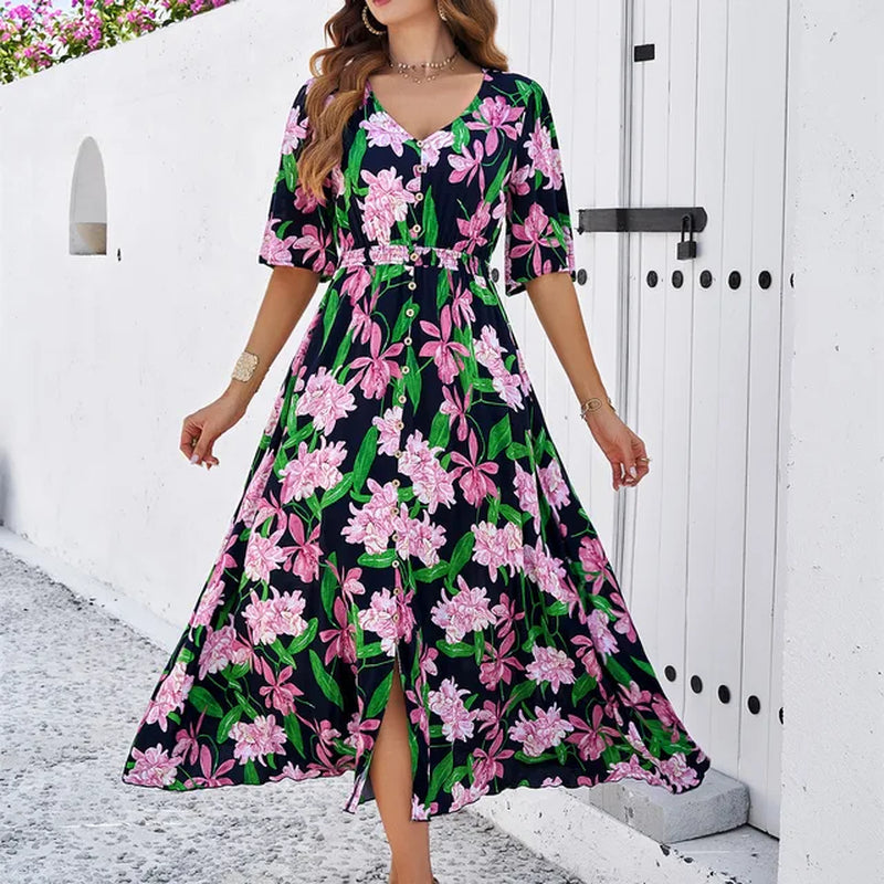 Floral Print Summer Dress - Elegant Holiday Casual Midi Dress
