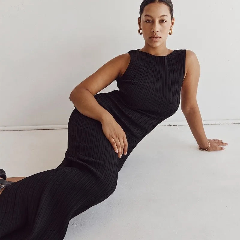 Summer Solid Knitted Long Dress Women Sleeveless Casual Beach Robe - Image 3