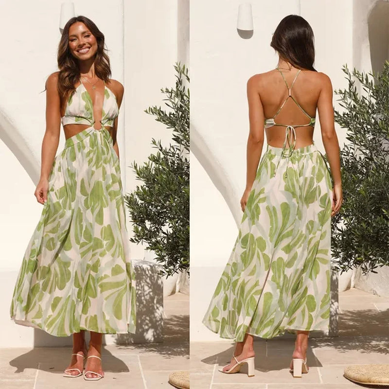 Floral Print Backless Maxi Dress for Summer Waistless Women