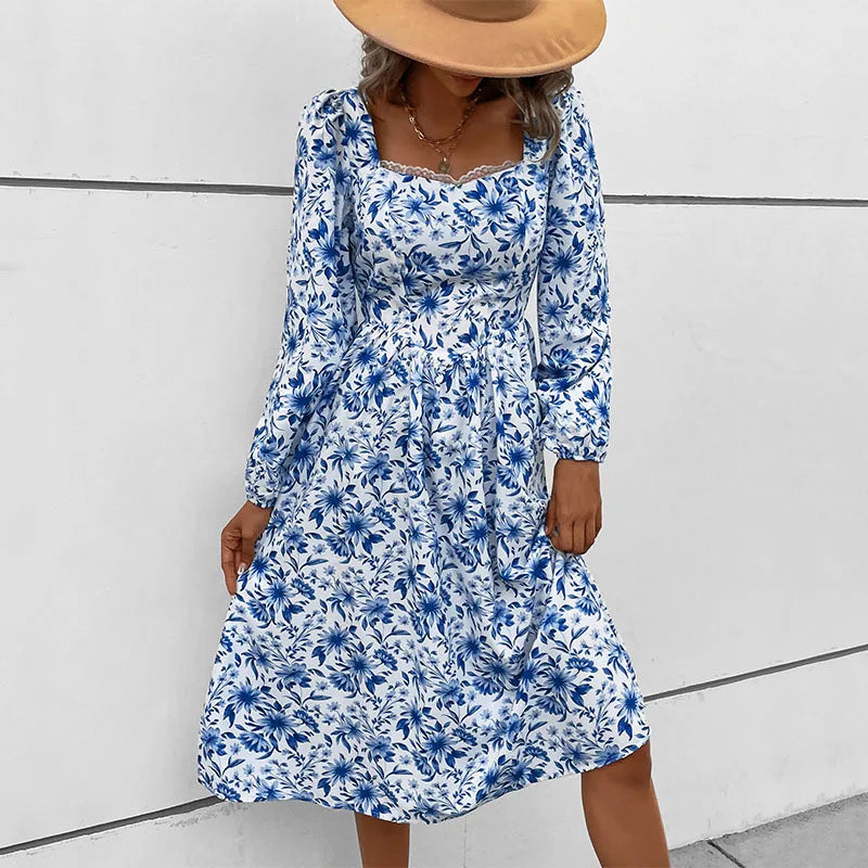 Women's Floral Print Lace Detail Square Neck A-Line Midi Dress - Image 3