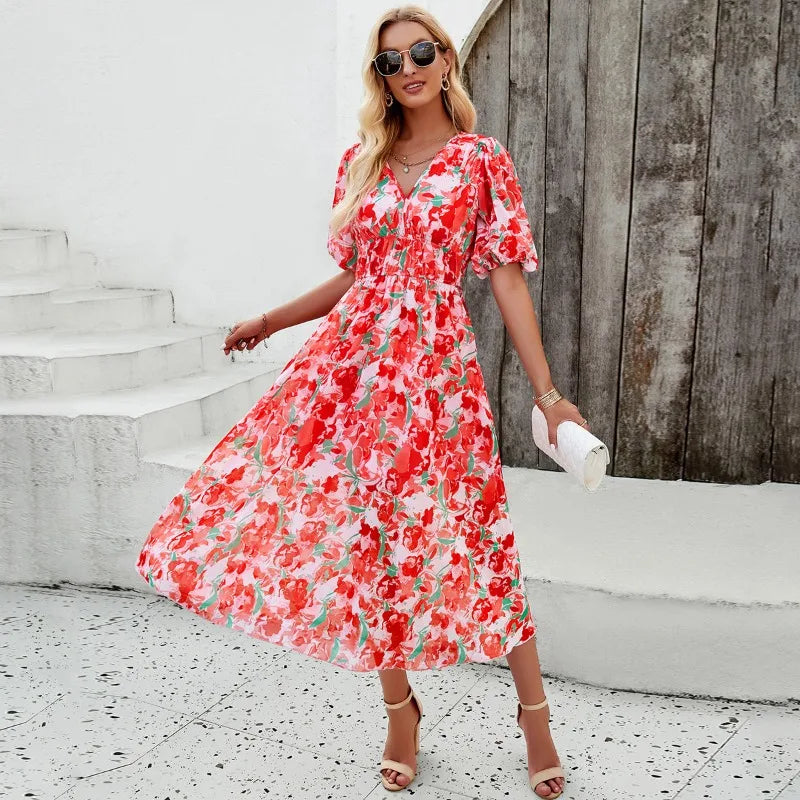 Chic Floral Print Summer Dress with Elastic Waist and V-Neck - Image 7