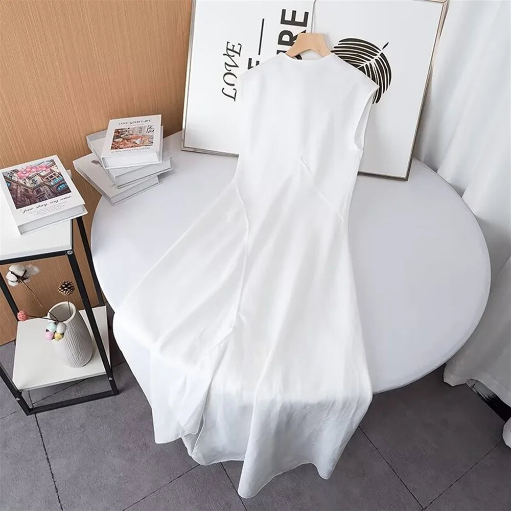 Summer White Irregular Hem Round Neck Long Dress for Women - Image 5